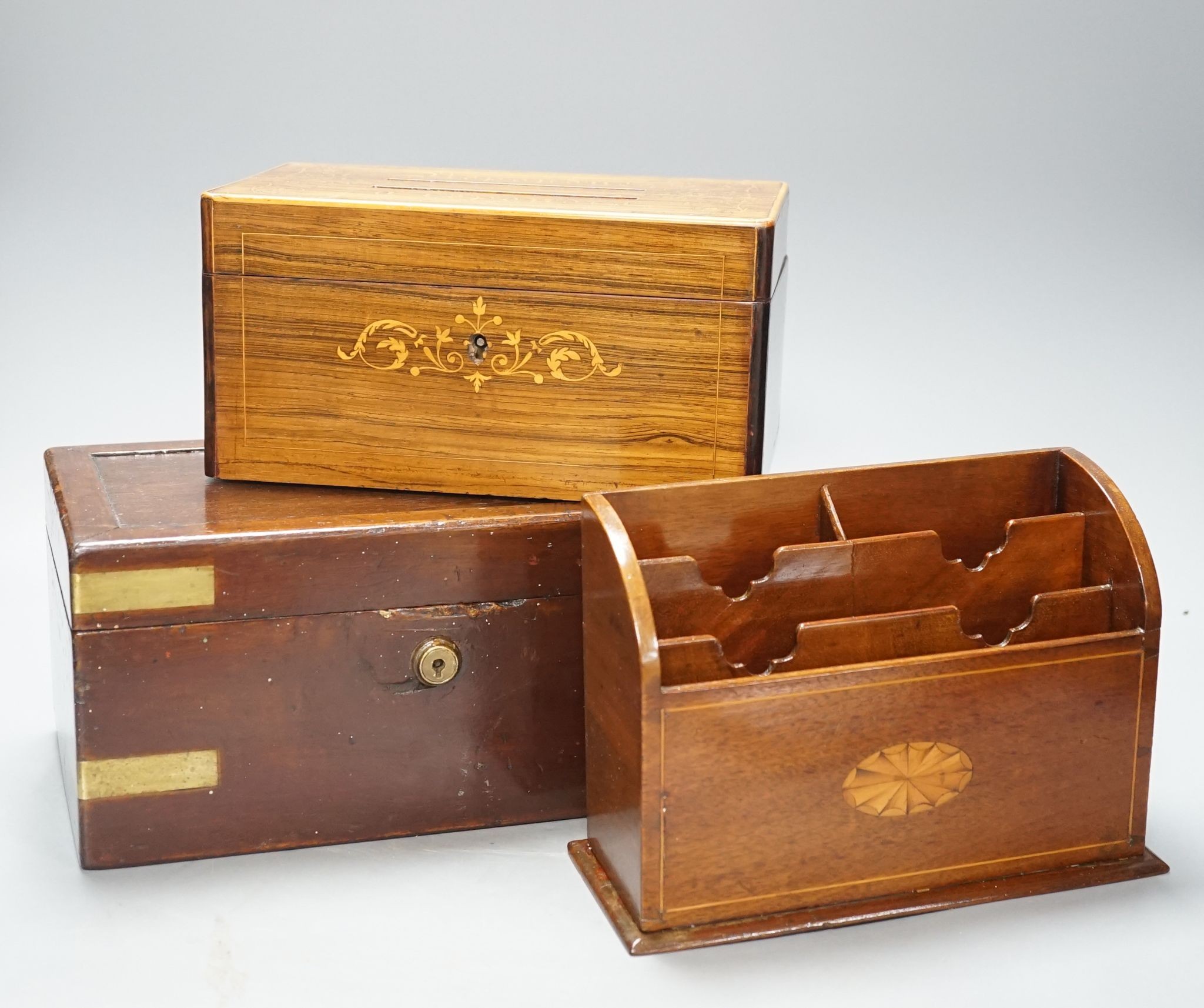 A 19th century French rosewood and marquetry letters box, an inlaid stationary rack and a brass-mounted box 28cm